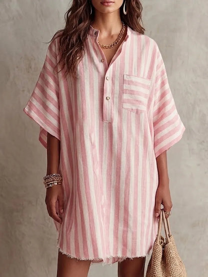 Vestido de Verano Corto Casual a Rayas Botones con Manga Corta