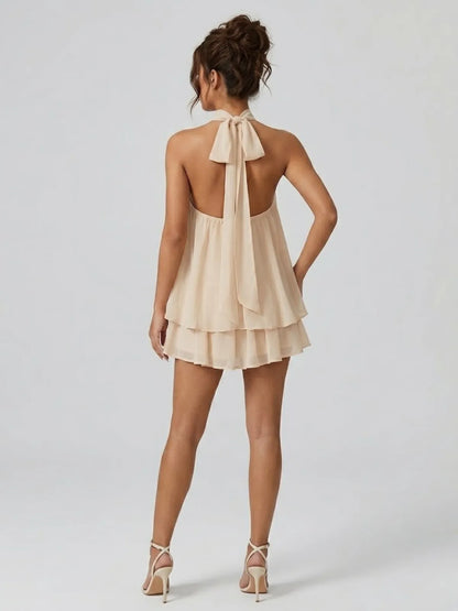 Vestido de Verano Corto Elegante con Cuello Halter y Volantes