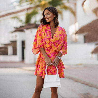 Vestido de Verano Corto Elegante con Escote en V y Volantes