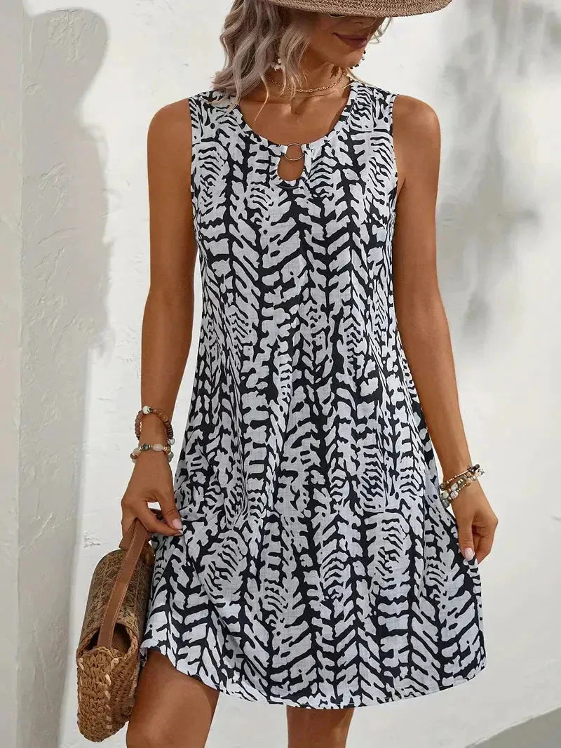 Vestido de Verano Corto Estampado Casual con Cuello Redondo