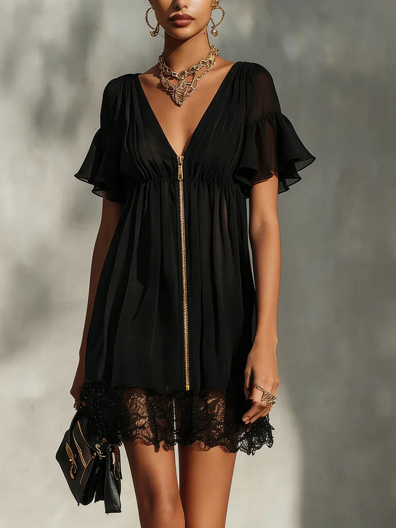 Vestido de Verano Corto Negro Elegante con Volantes