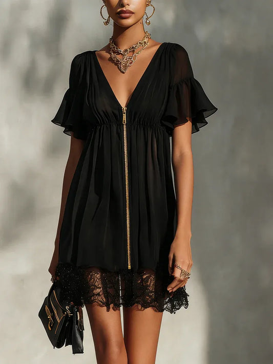 Vestido de Verano Corto Negro Elegante con Volantes
