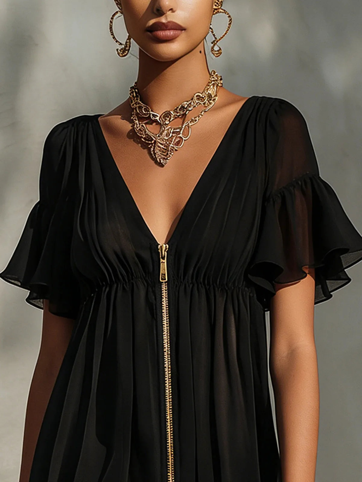 Vestido de Verano Corto Negro Elegante con Volantes