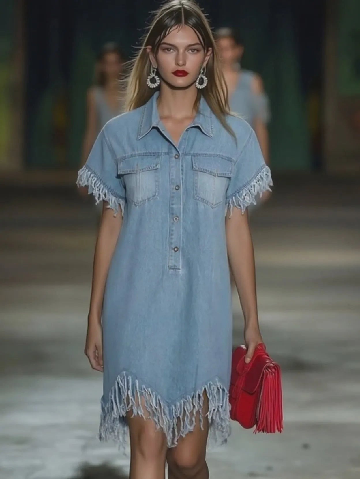Vestido de Verano Corto Vaquero Casual con Flecos