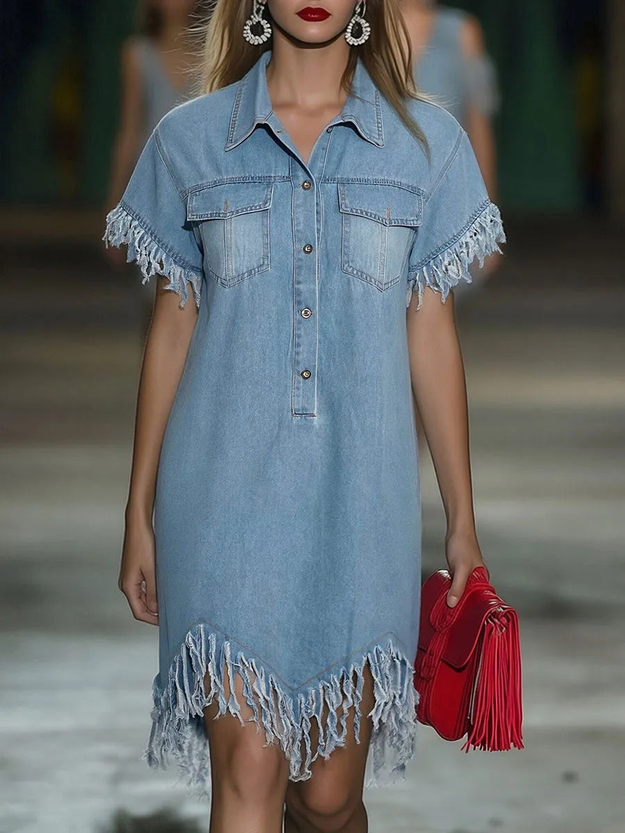 Vestido de Verano Corto Vaquero Casual con Flecos