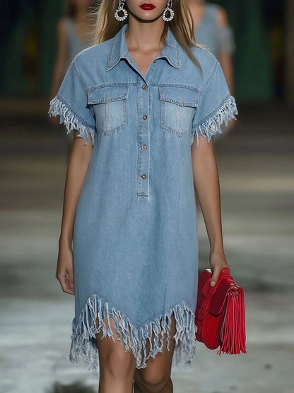 Vestido de Verano Corto Vaquero Casual con Flecos