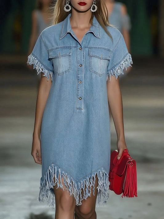 Vestido de Verano Corto Vaquero Casual con Flecos