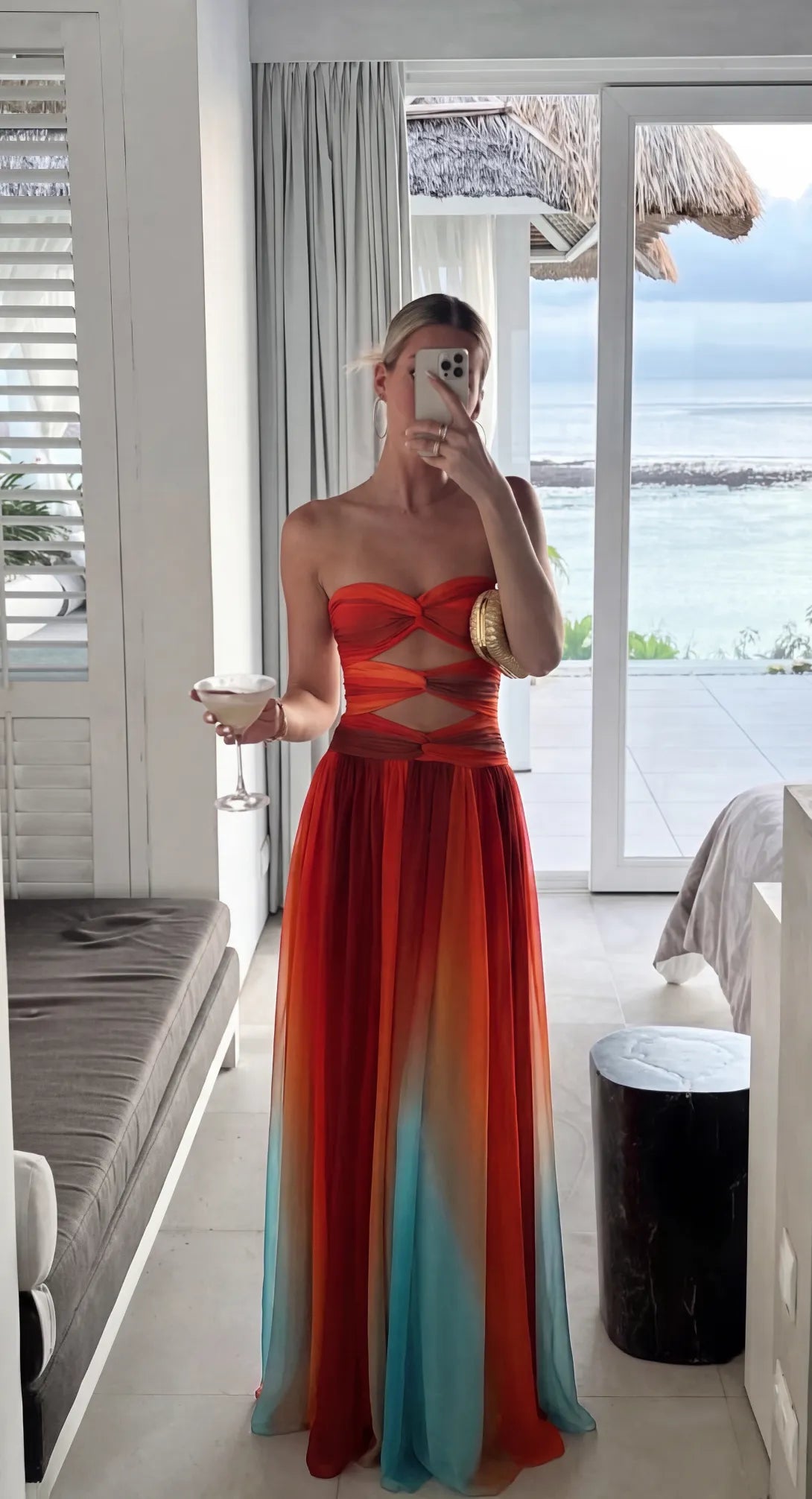 Vestido de Verano Largo Asimétrico con Palabra de Honor y Cut Out