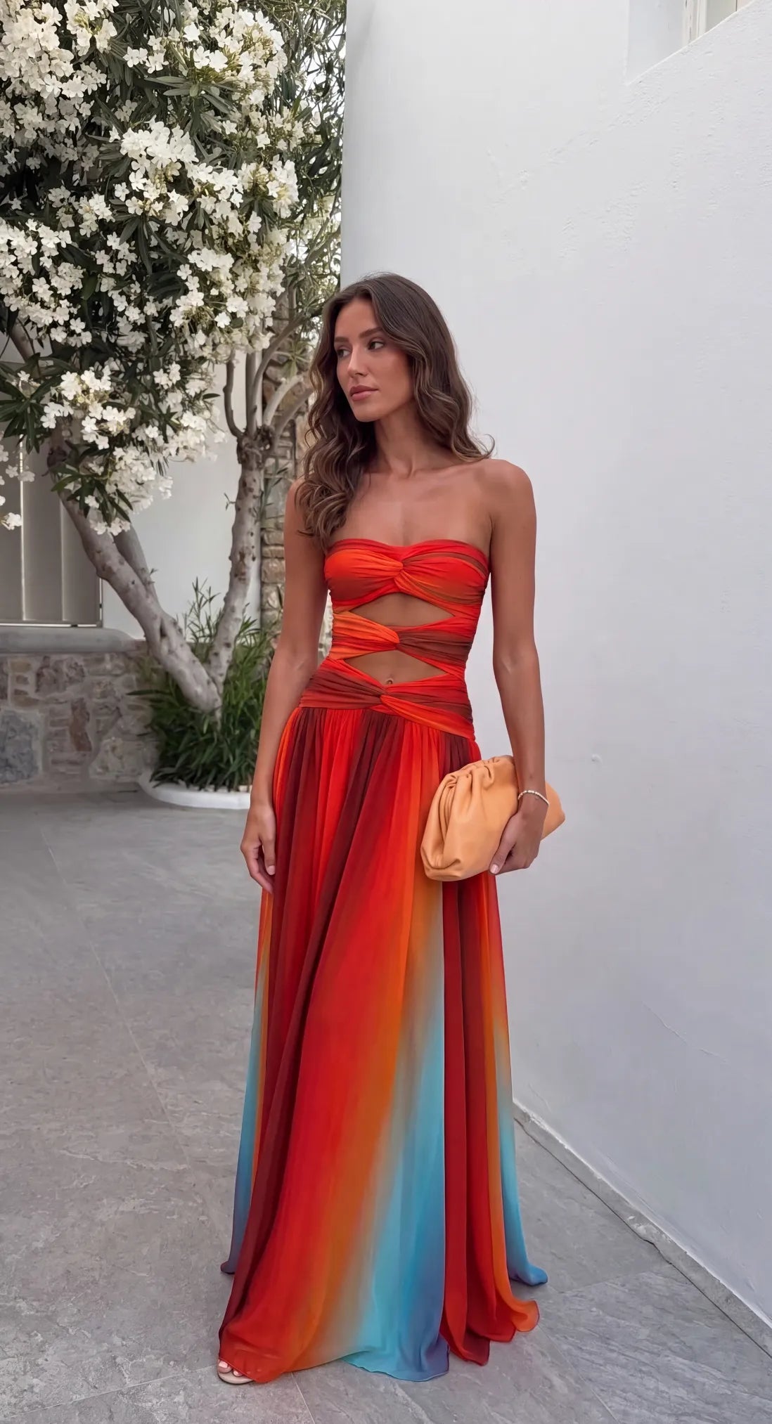 Vestido de Verano Largo Asimétrico con Palabra de Honor y Cut Out