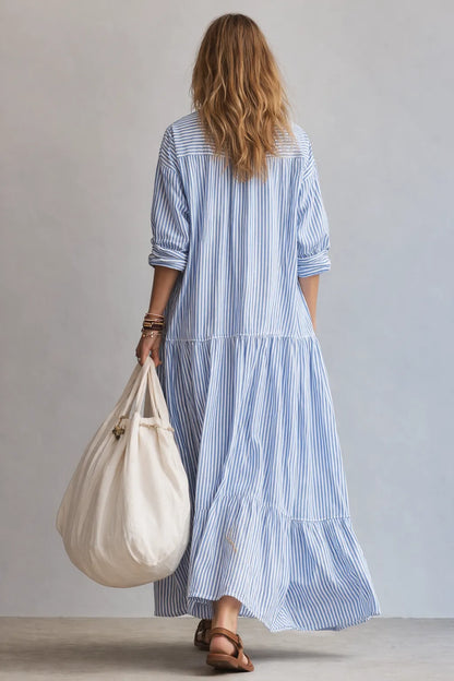 Vestido de Verano Largo Azul Casual con Manga Abullonada
