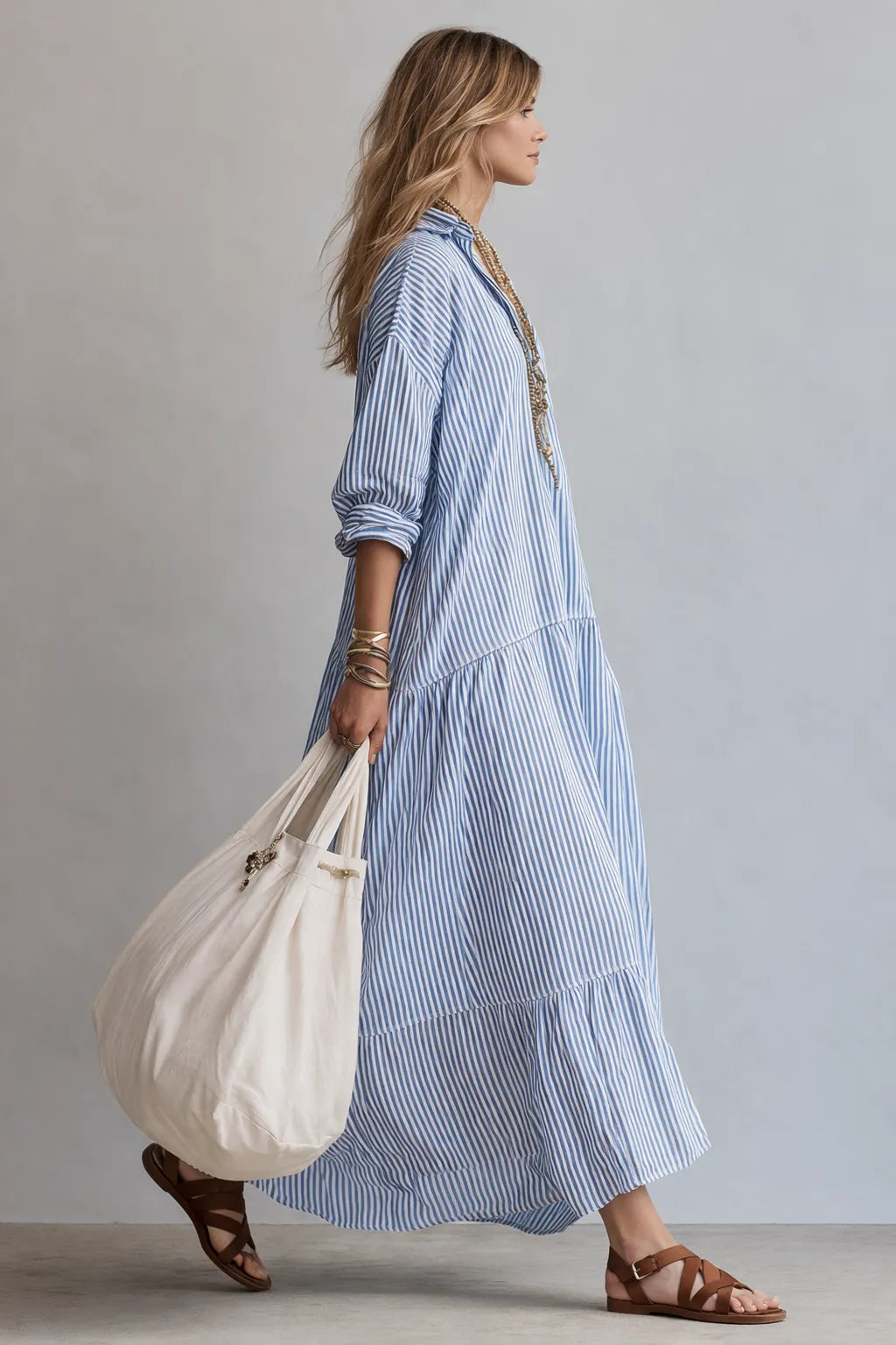 Vestido de Verano Largo Azul Casual con Manga Abullonada