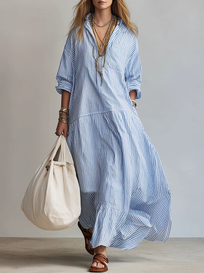 Vestido de Verano Largo Azul Casual con Manga Abullonada
