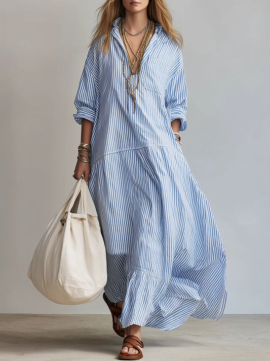 Vestido de Verano Largo Azul Casual con Manga Abullonada