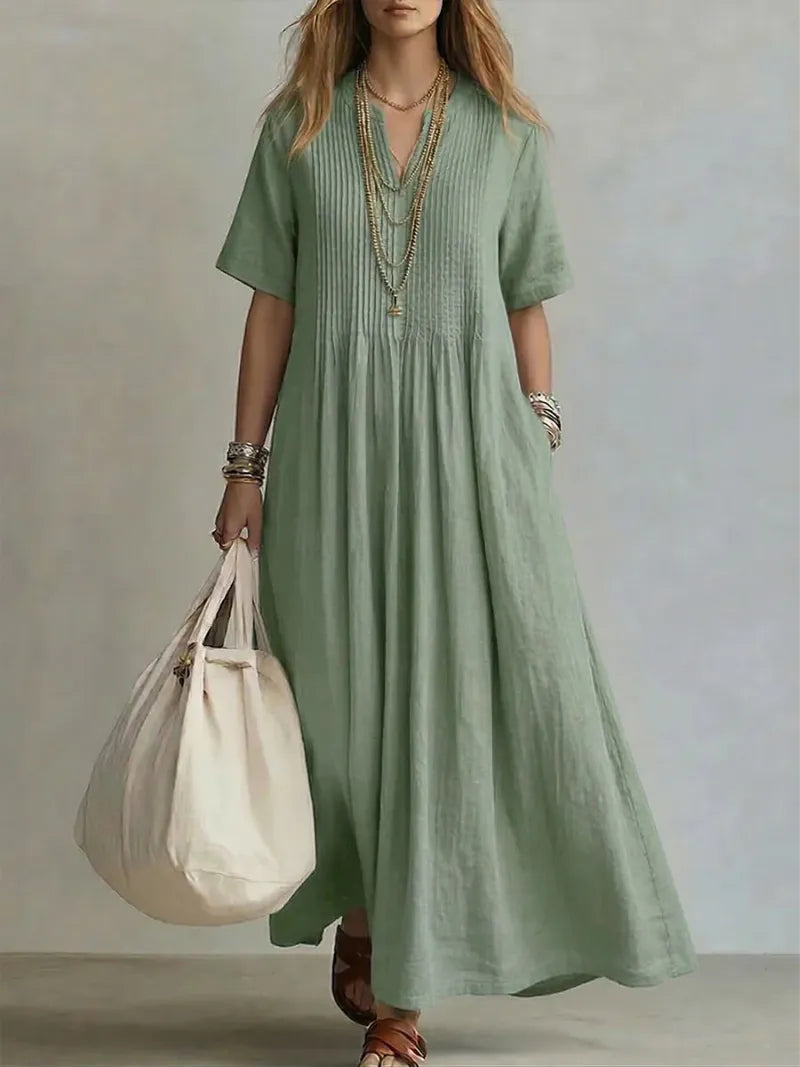 Vestido de Verano Largo Boho Casual con Plisado y Manga Corta