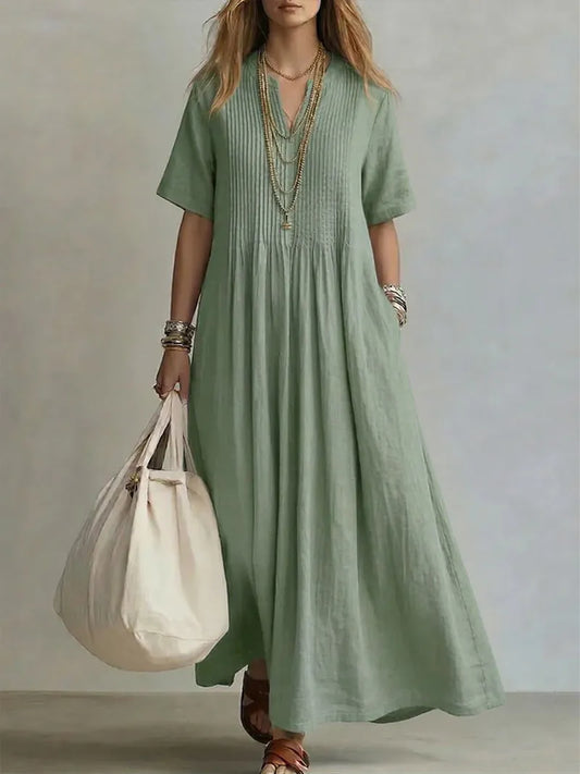 Vestido de Verano Largo Boho Casual con Plisado y Manga Corta