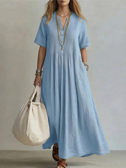 Vestido de Verano Largo Boho Casual con Plisado y Manga Corta