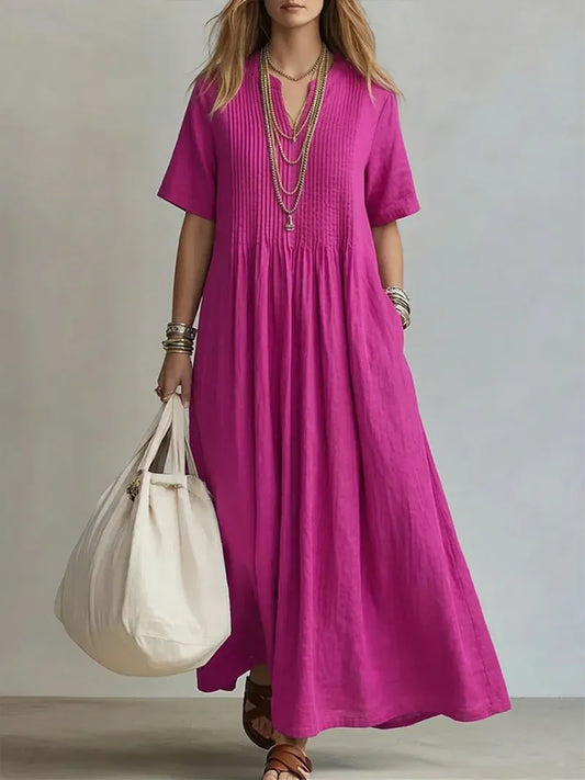 Vestido de Verano Largo Boho Casual con Plisado y Manga Corta