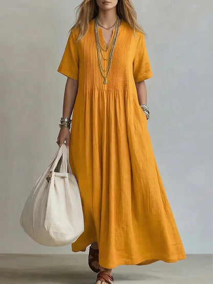 Vestido de Verano Largo Boho Casual con Plisado y Manga Corta