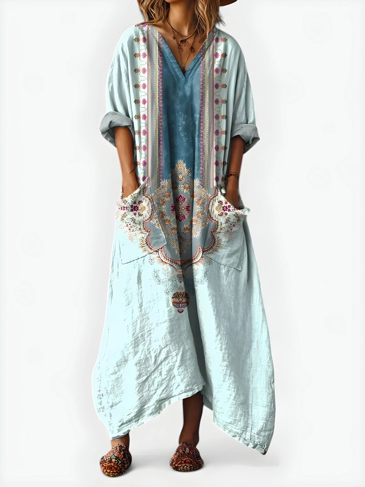 Vestido de Verano Largo Boho Estampado con Cuello en V