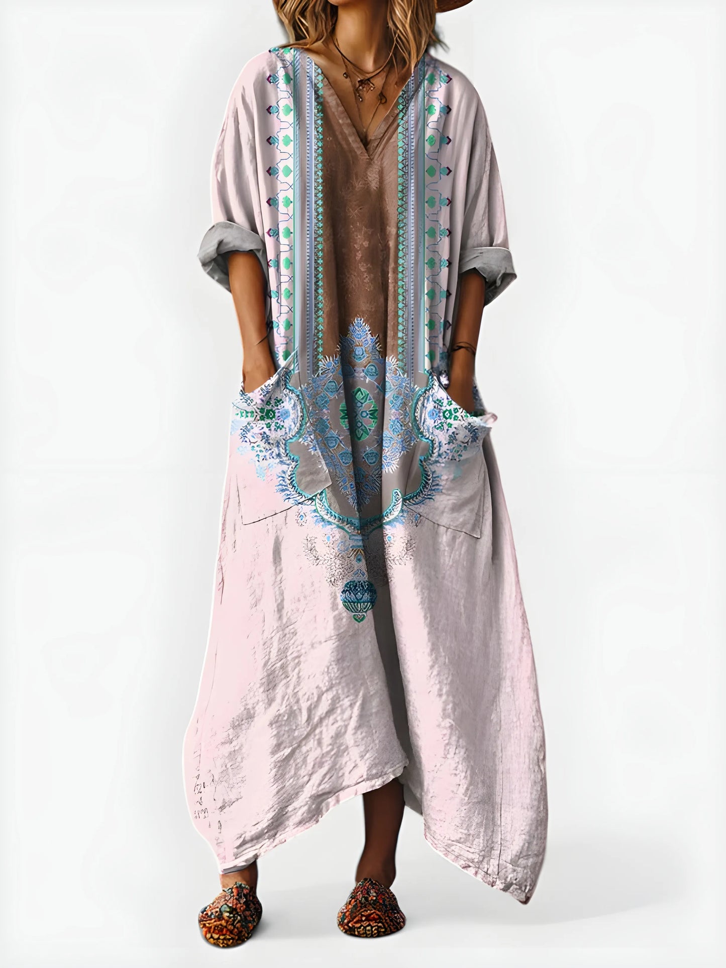Vestido de Verano Largo Boho Estampado con Cuello en V