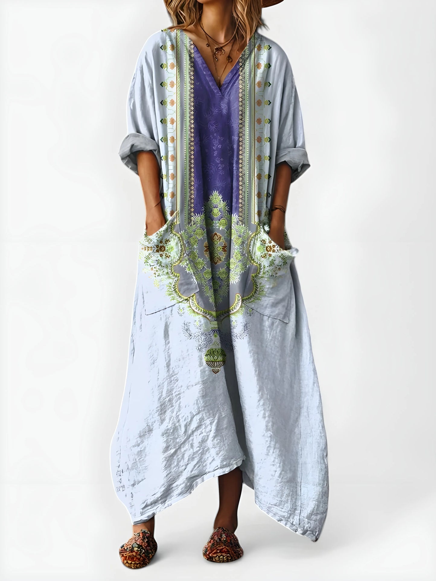 Vestido de Verano Largo Boho Estampado con Cuello en V