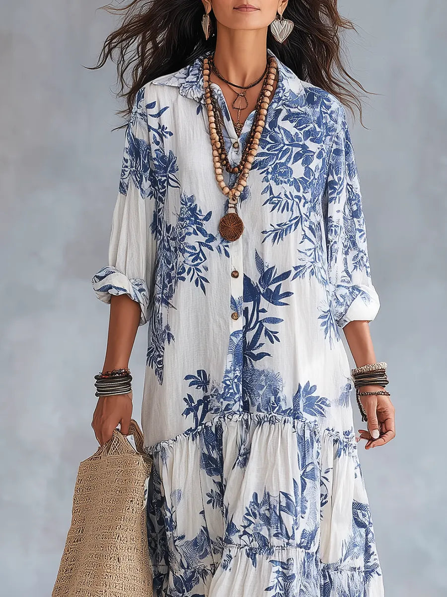 Vestido de Verano Largo Boho Flores con Manga Larga