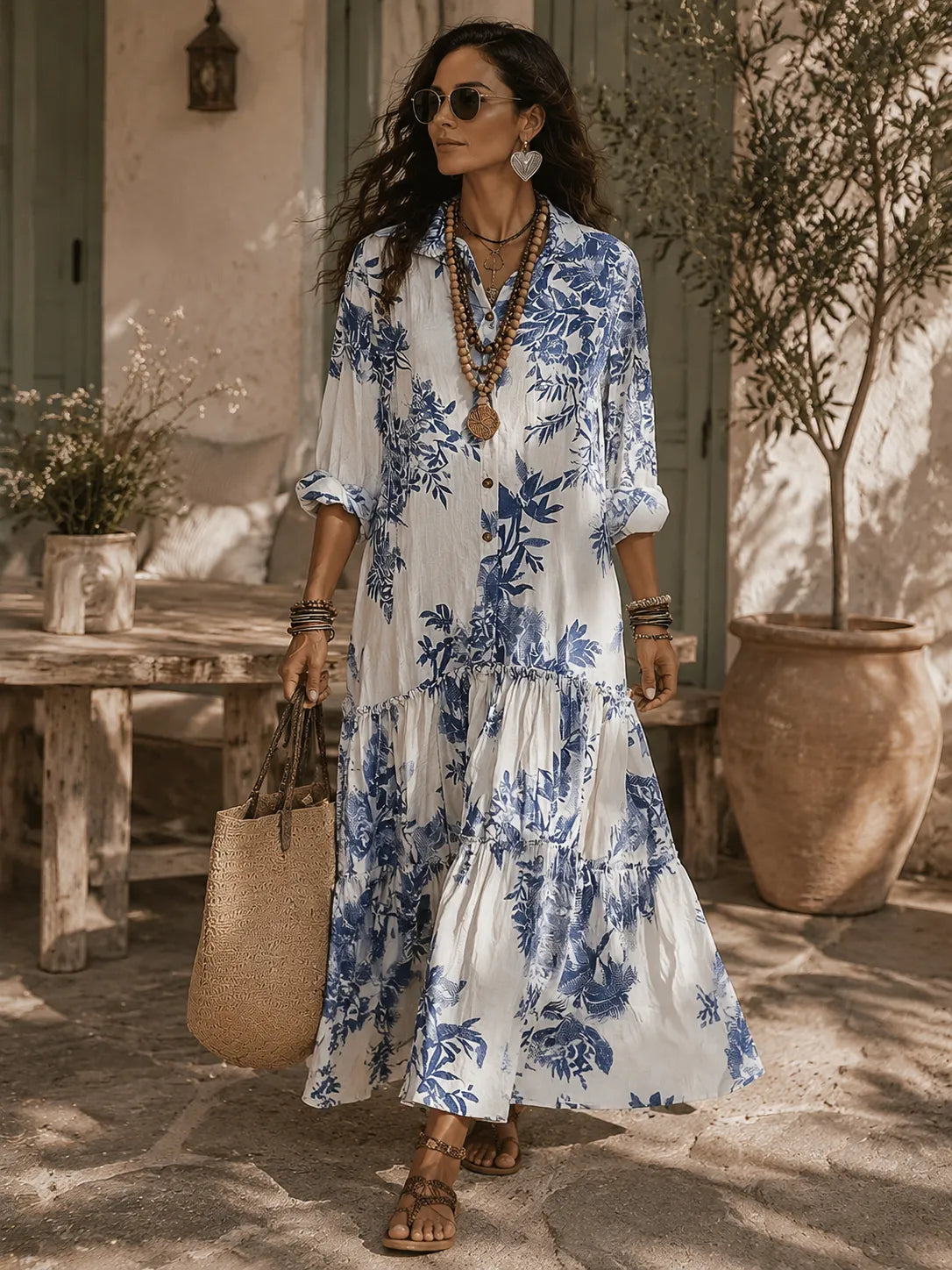 Vestido de Verano Largo Boho Flores con Manga Larga