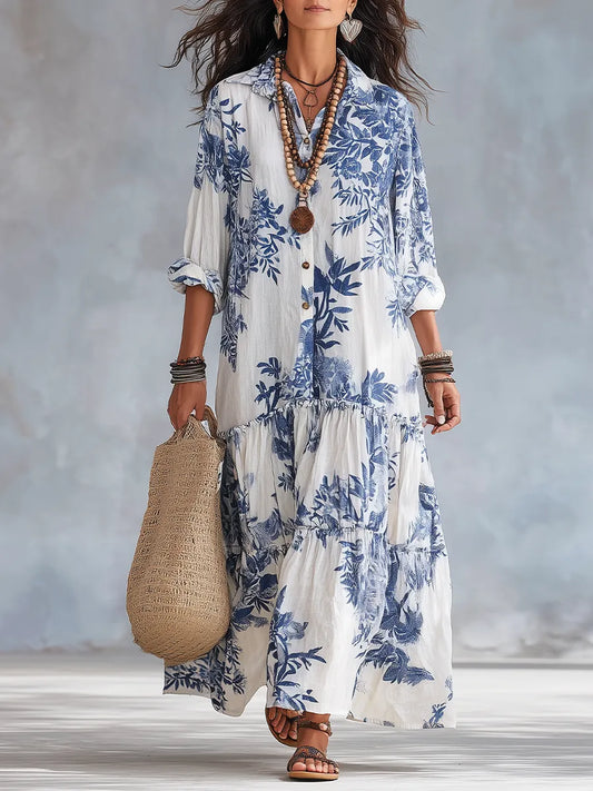 Vestido de Verano Largo Boho Flores con Manga Larga