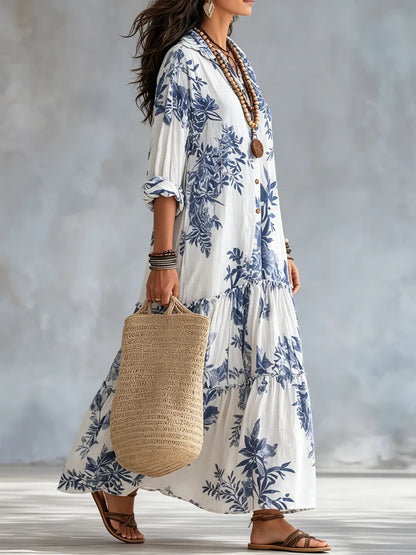 Vestido de Verano Largo Boho Flores con Manga Larga