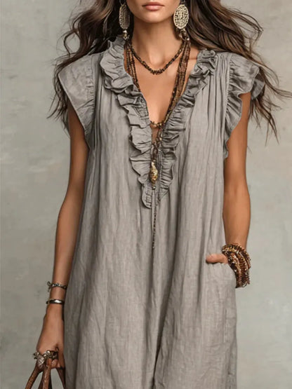 Vestido de Verano Largo Boho Manga Corta con Volantes
