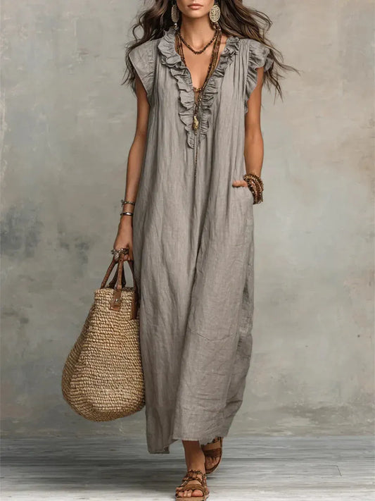 Vestido de Verano Largo Boho Manga Corta con Volantes