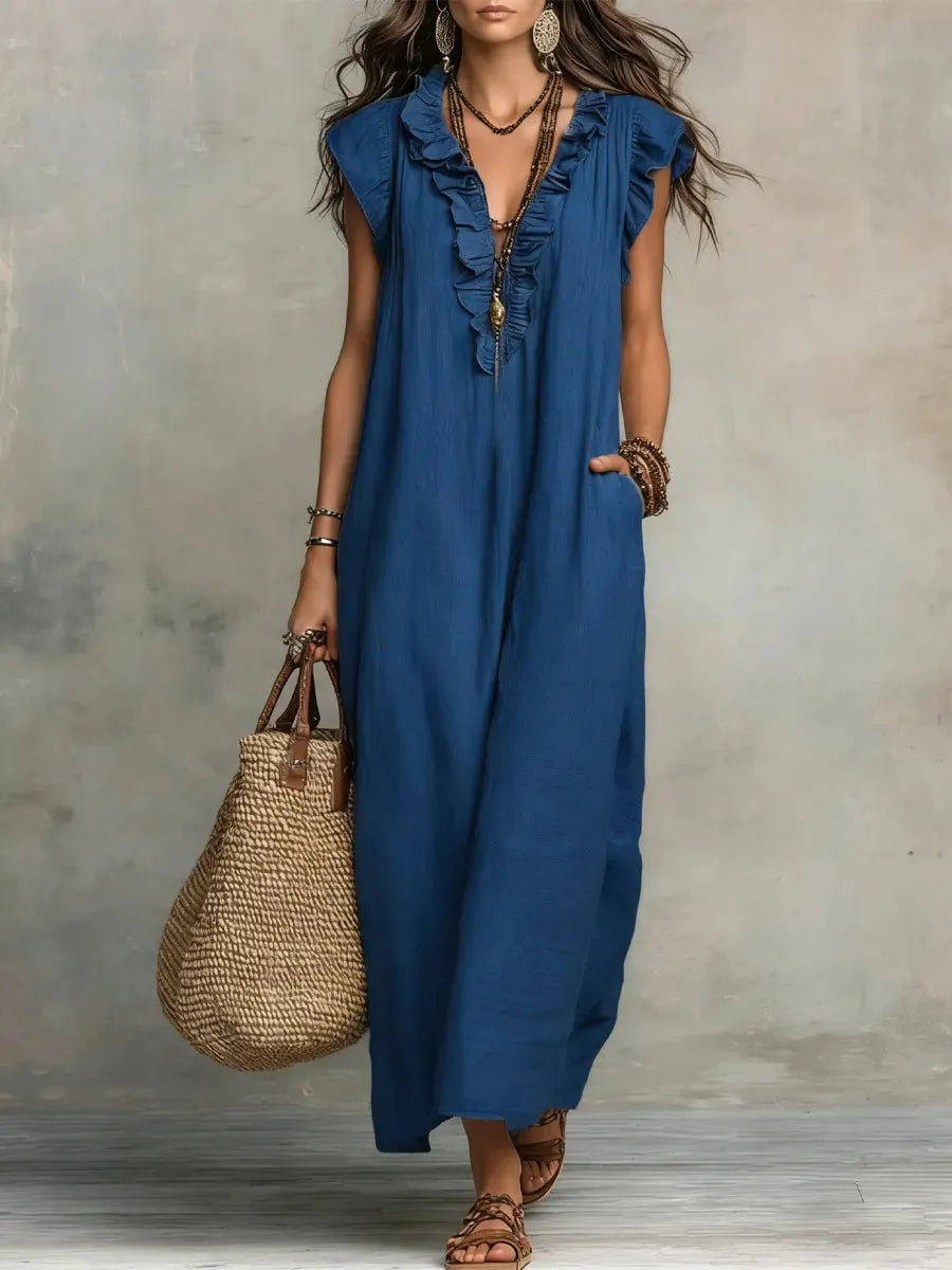 Vestido de Verano Largo Boho Manga Corta con Volantes