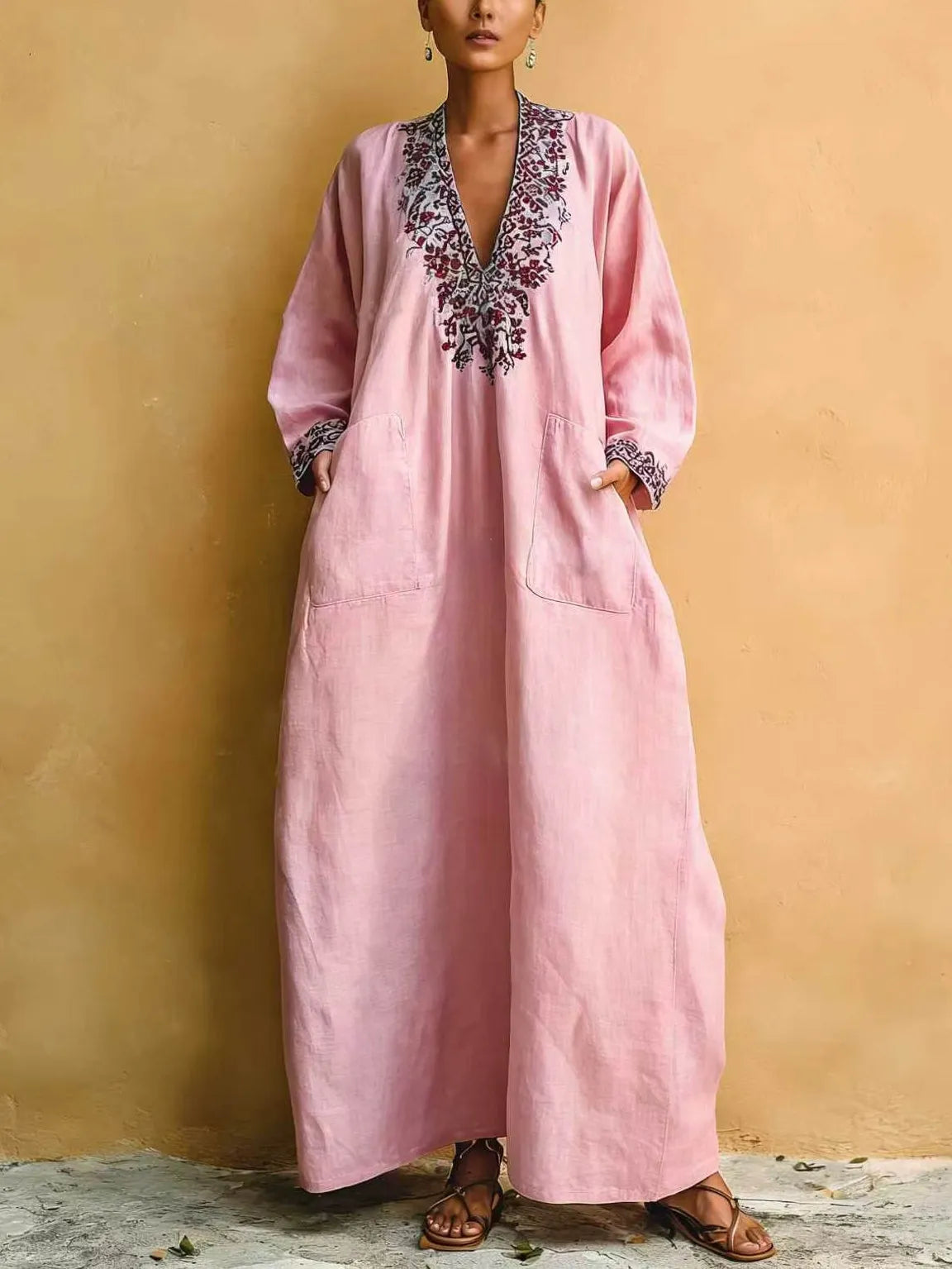 Vestido de Verano Largo Boho Manga Larga con Escote en V