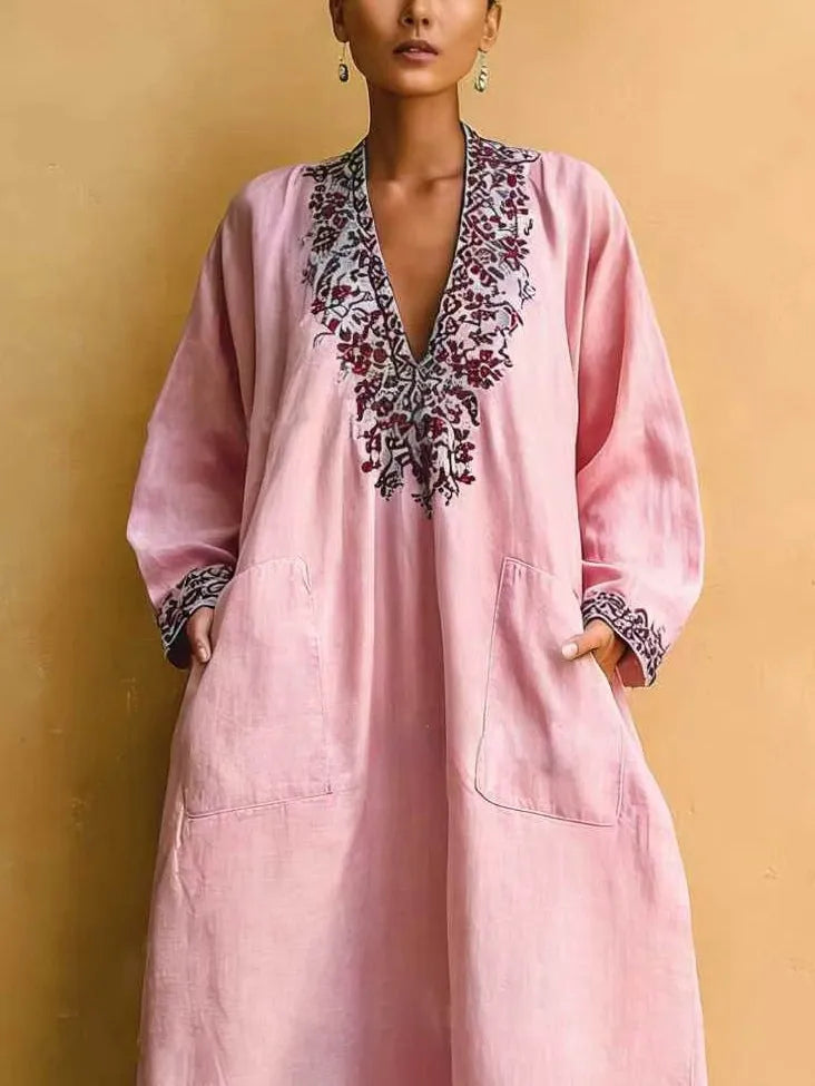 Vestido de Verano Largo Boho Manga Larga con Escote en V