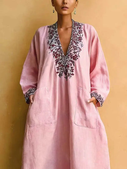 Vestido de Verano Largo Boho Manga Larga con Escote en V