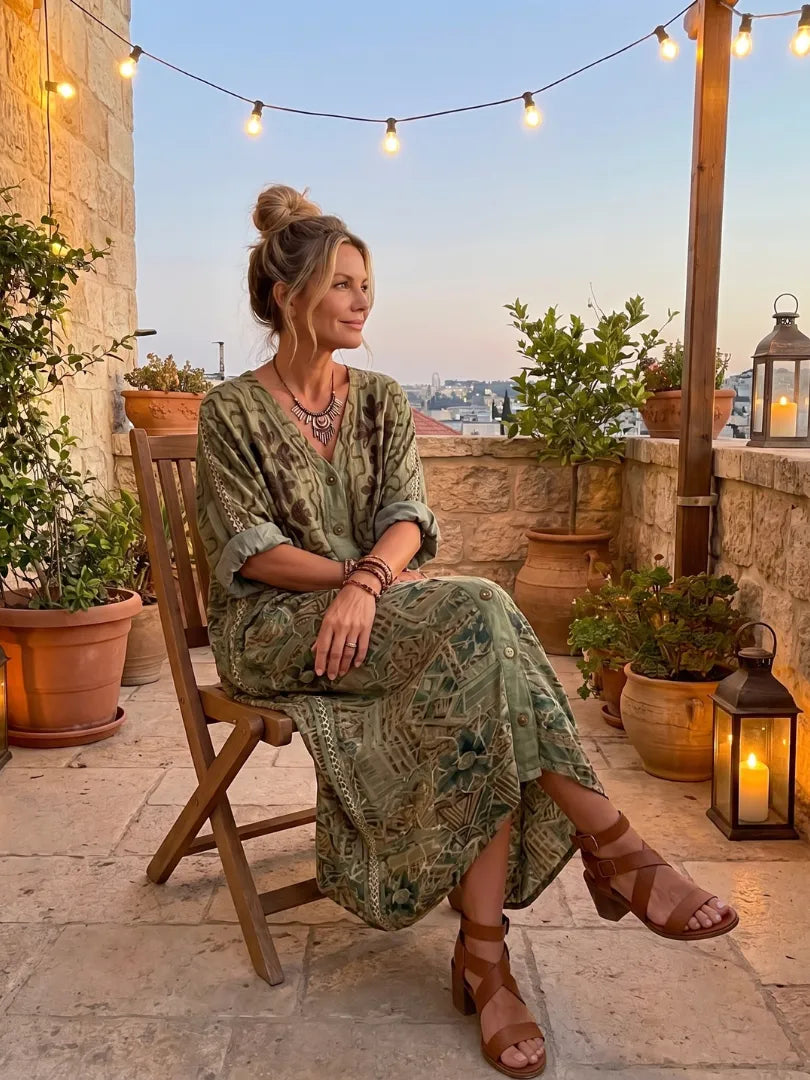 Vestido de Verano Largo Boho Verde con Manga Larga