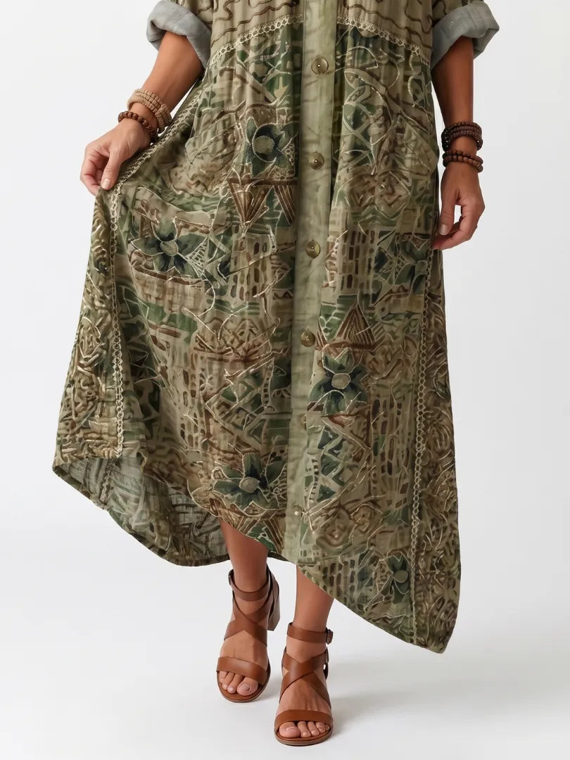 Vestido de Verano Largo Boho Verde con Manga Larga