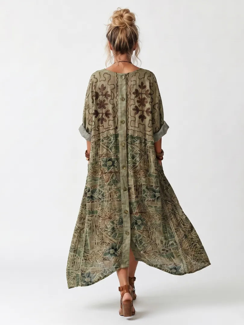 Vestido de Verano Largo Boho Verde con Manga Larga