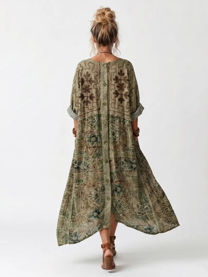 Vestido de Verano Largo Boho Verde con Manga Larga