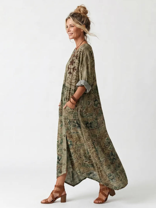 Vestido de Verano Largo Boho Verde con Manga Larga
