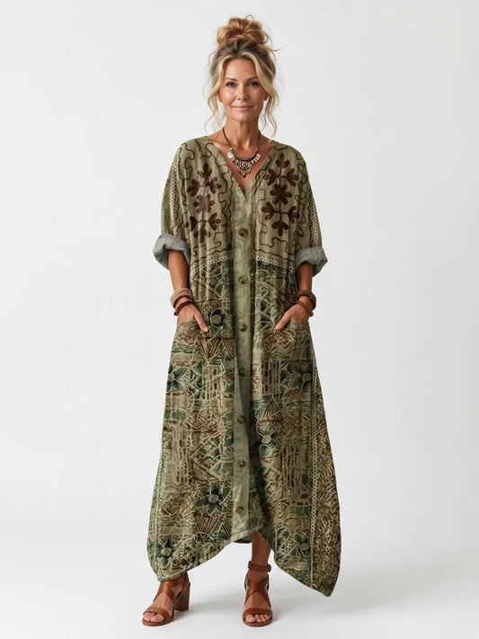 Vestido de Verano Largo Boho Verde con Manga Larga