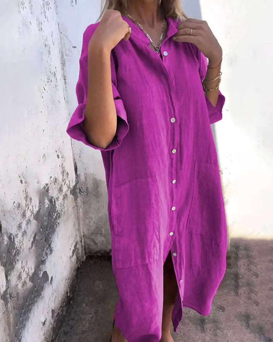 Vestido de Verano Largo Boho con Botones y Manga Corta