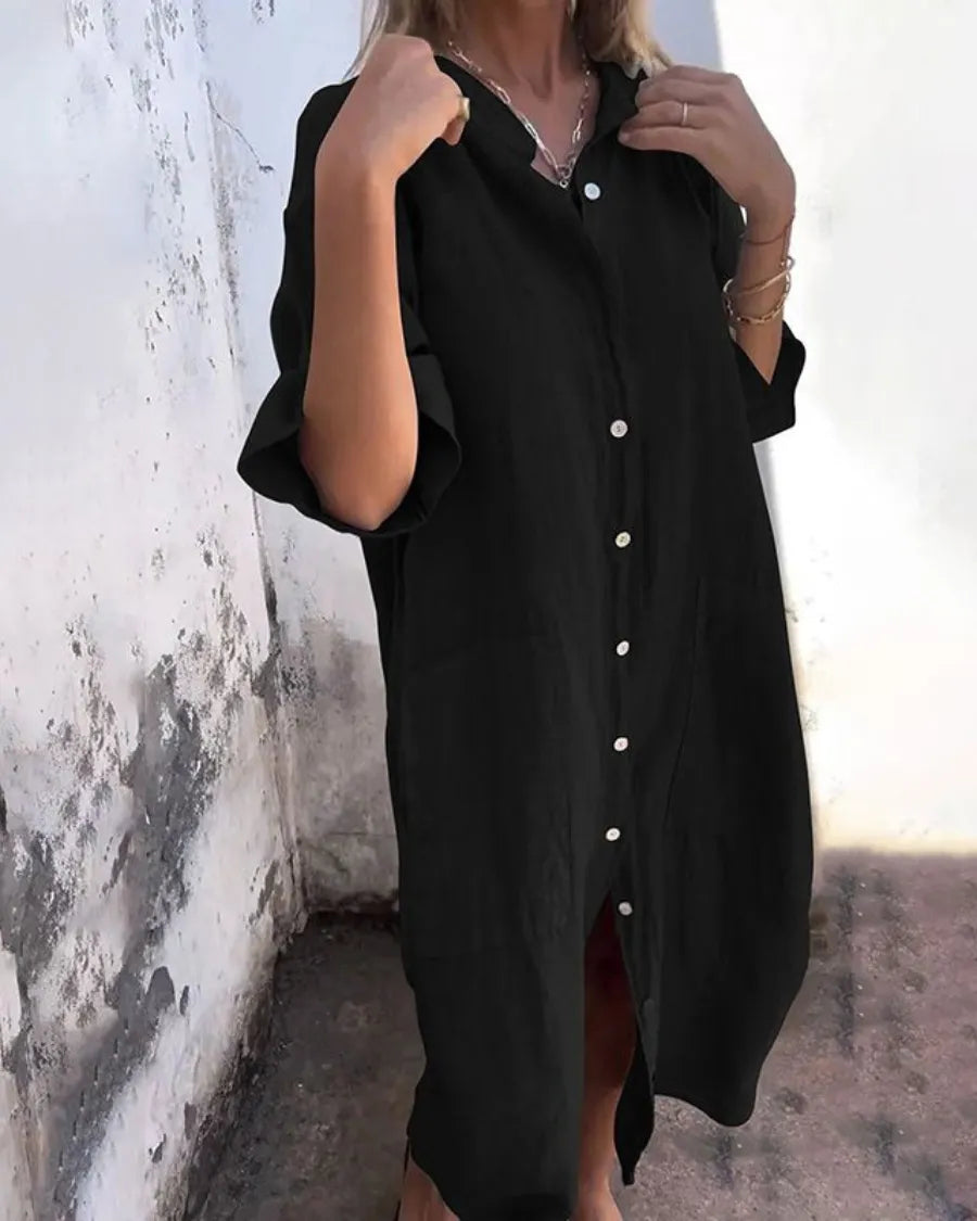 Vestido de Verano Largo Boho con Botones y Manga Corta