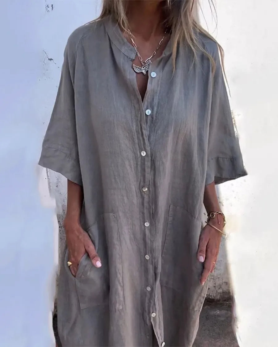 Vestido de Verano Largo Boho con Botones y Manga Corta
