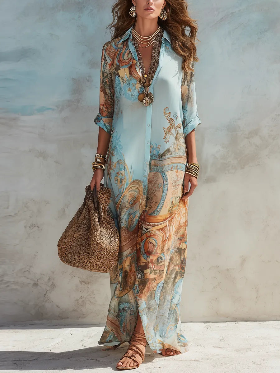 Vestido de Verano Largo Boho con Cuello Camisero