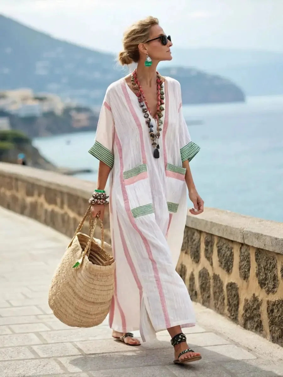 Vestido de Verano Largo Boho con Escote en V y Bolsillos