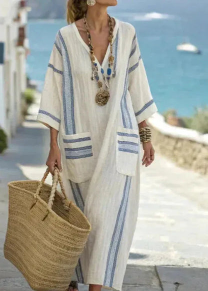 Vestido de Verano Largo Boho con Escote en V y Bolsillos
