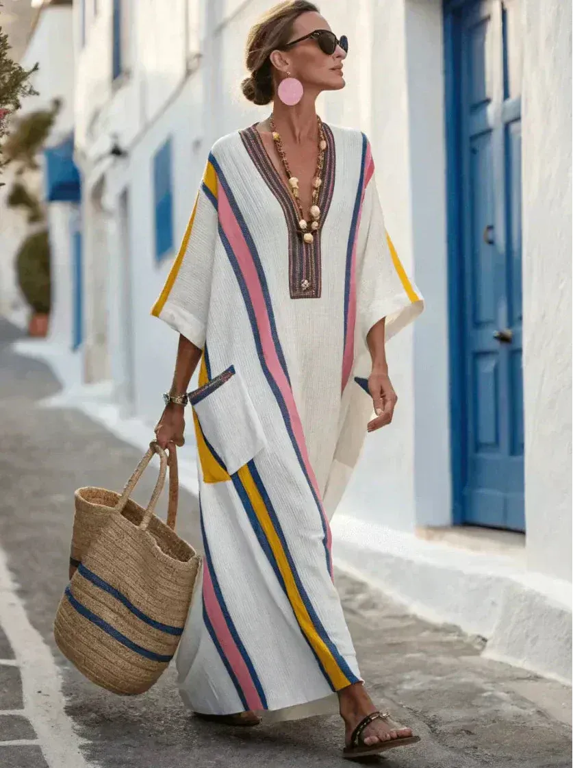 Vestido de Verano Largo Boho con Escote en V y Bolsillos