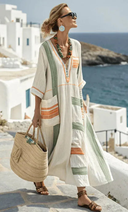 Vestido de Verano Largo Boho con Escote en V y Bolsillos