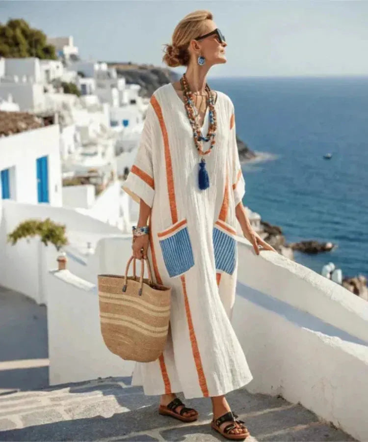 Vestido de Verano Largo Boho con Escote en V y Bolsillos